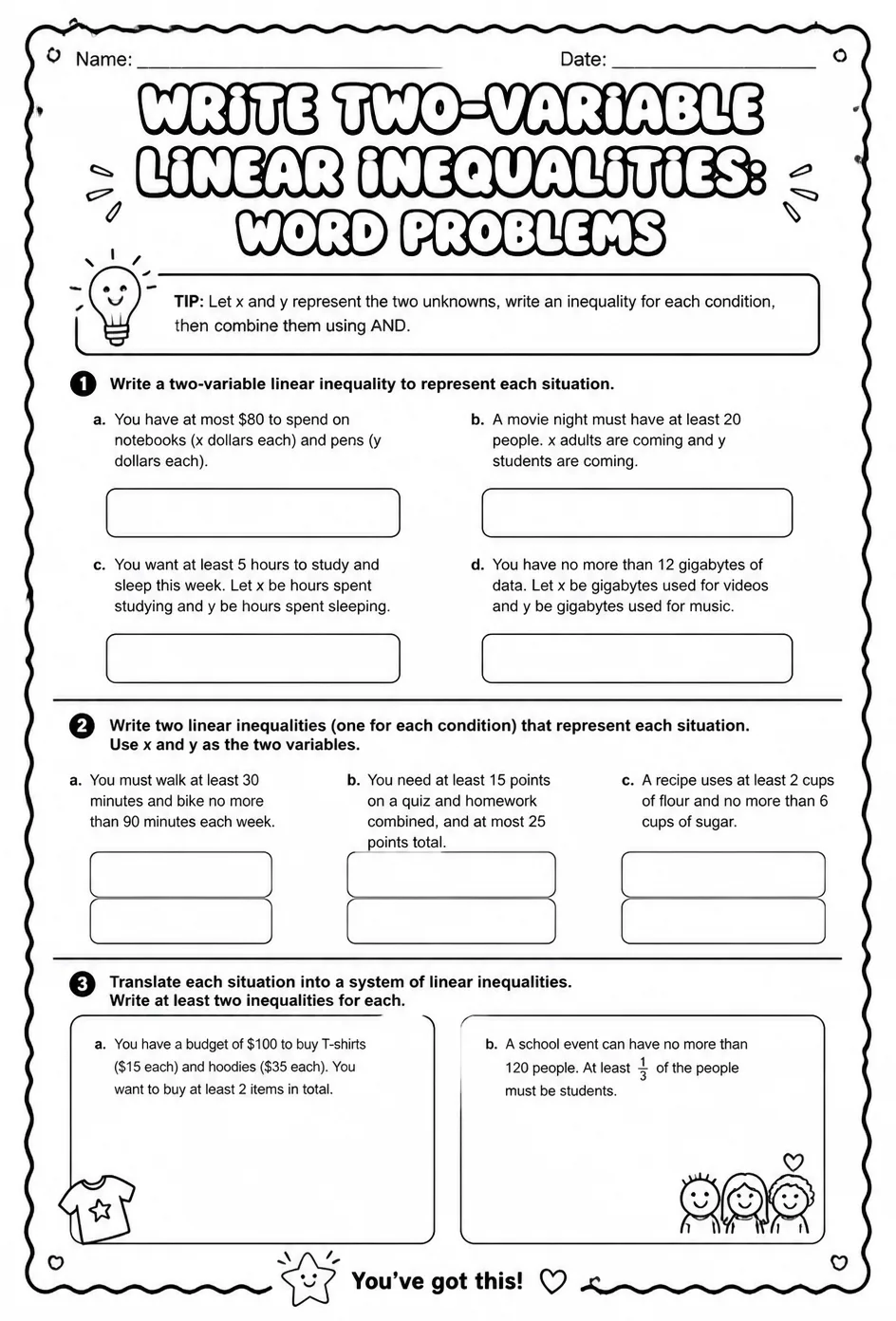 Write two-variable linear inequalities: word problems — free printable Algebra 2 math worksheet