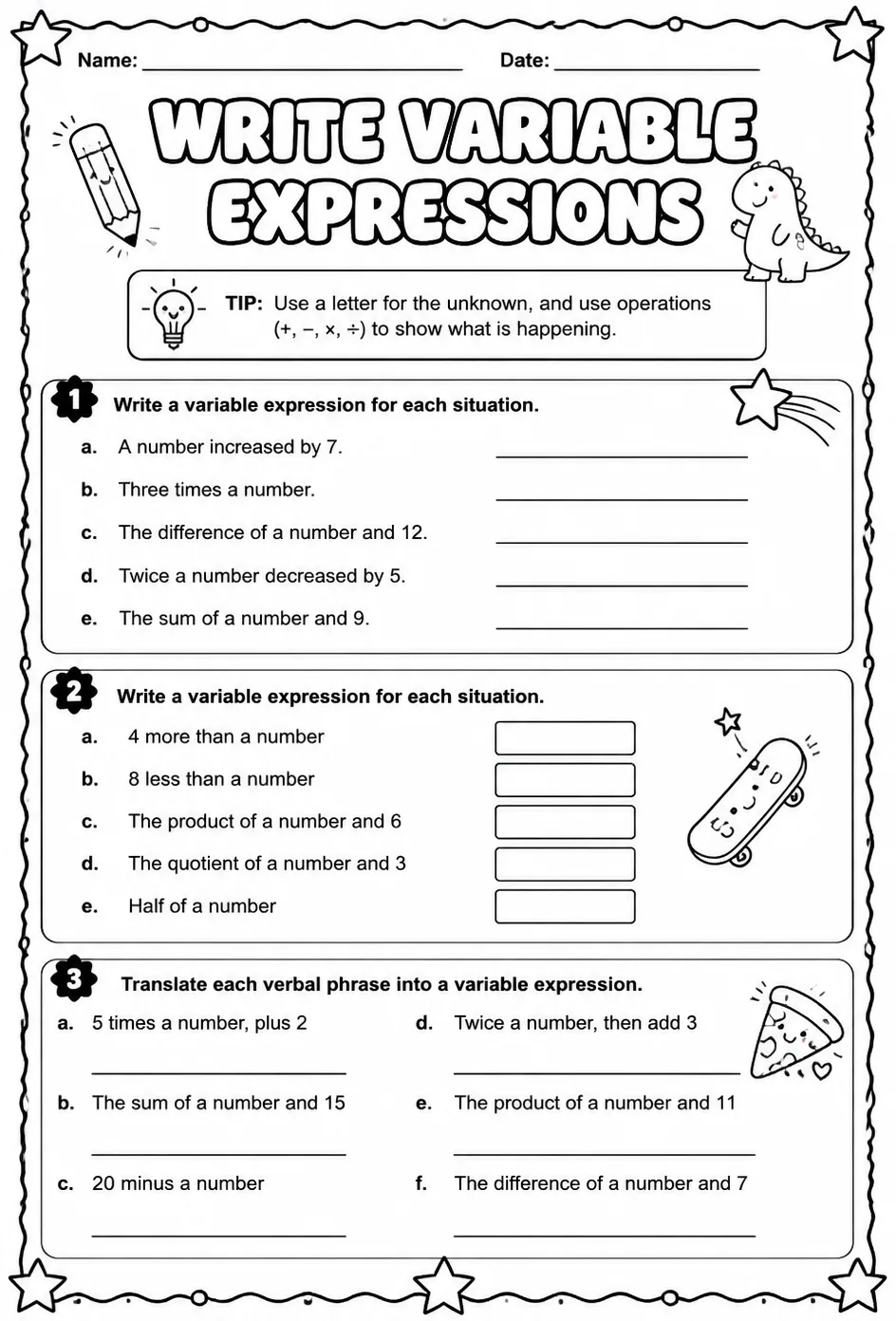 Write variable expressions — free printable Algebra 1 math worksheet