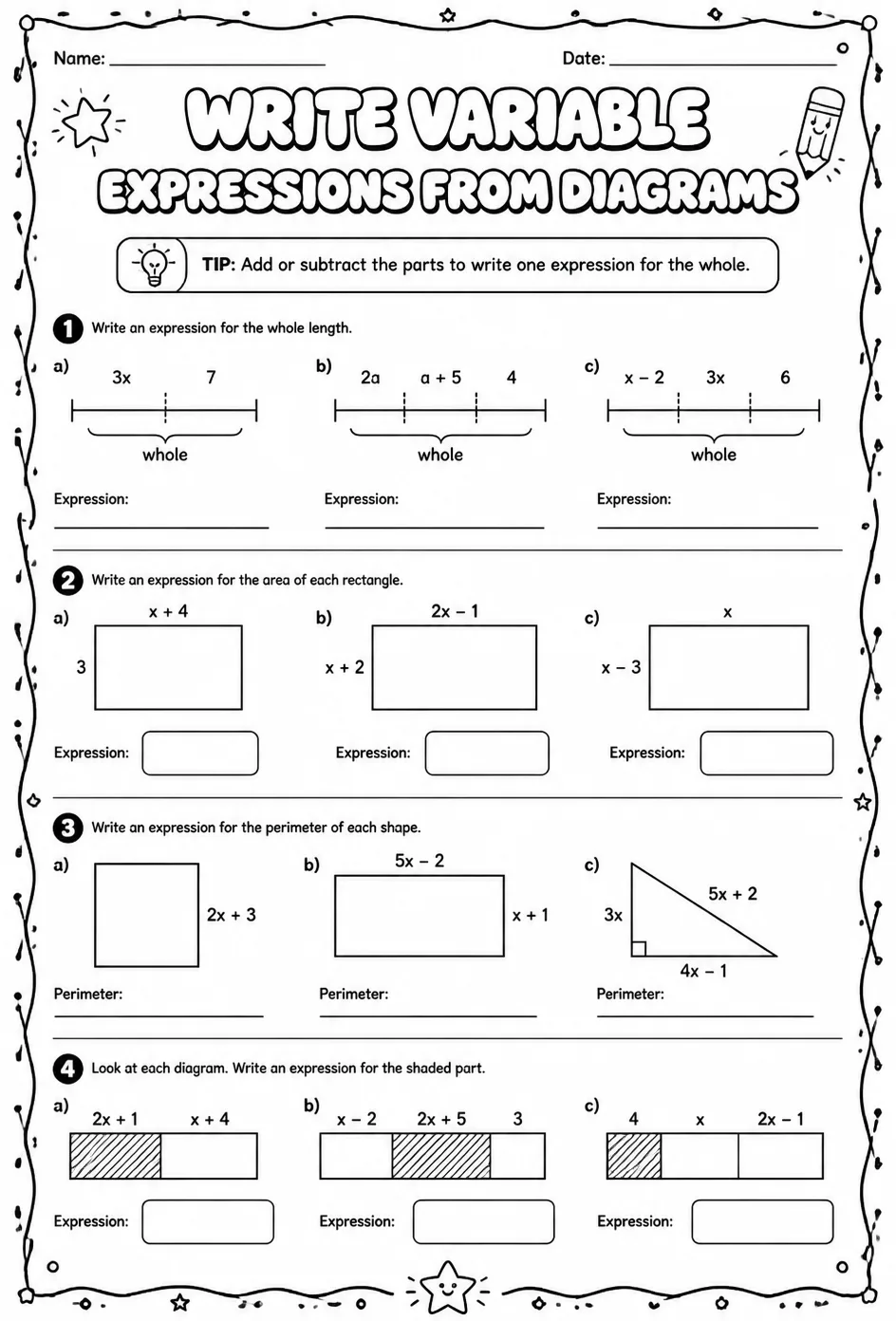 Write variable expressions from diagrams — free printable Grade 8 math worksheet
