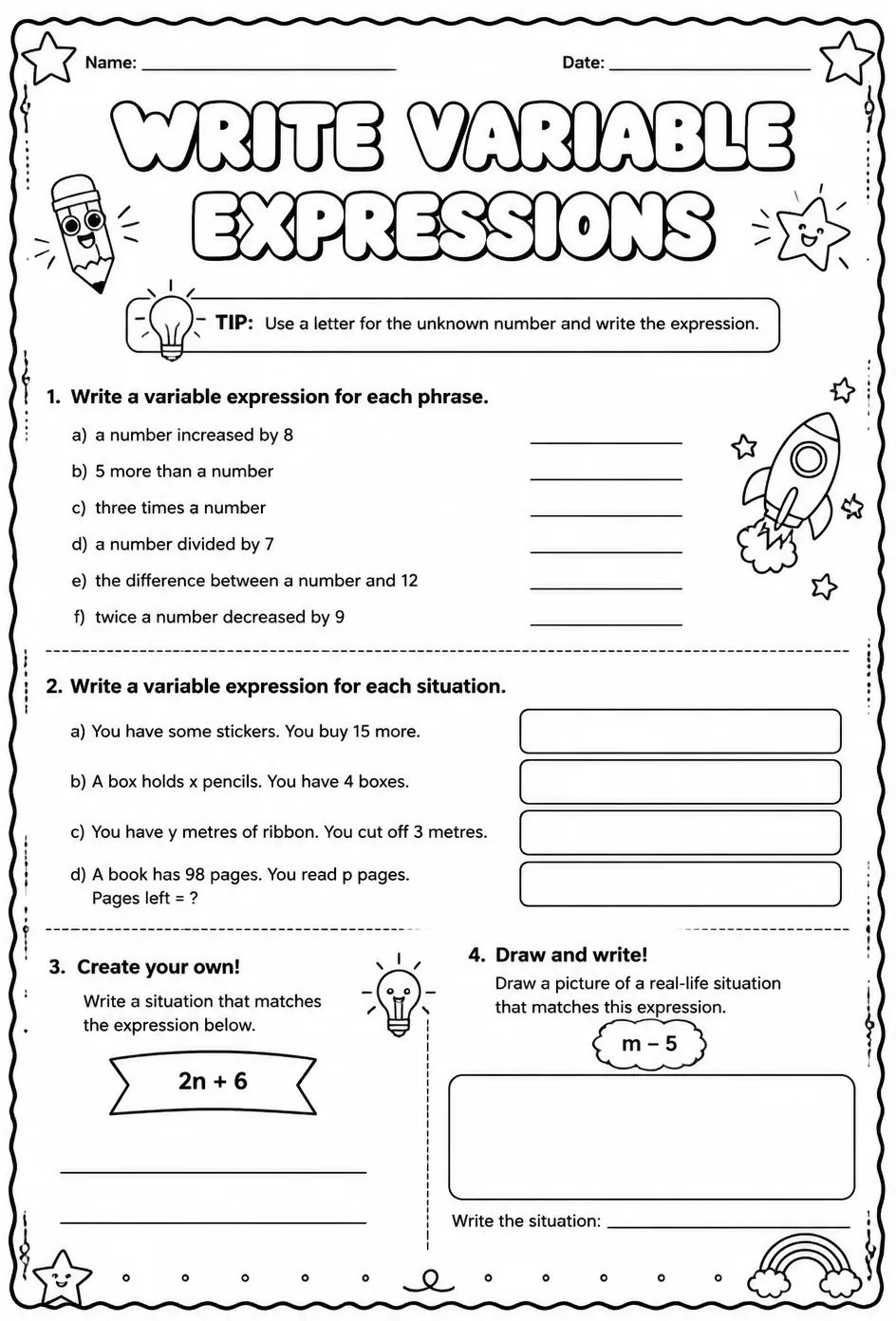 Write variable expressions — free printable Grade 5 math worksheet