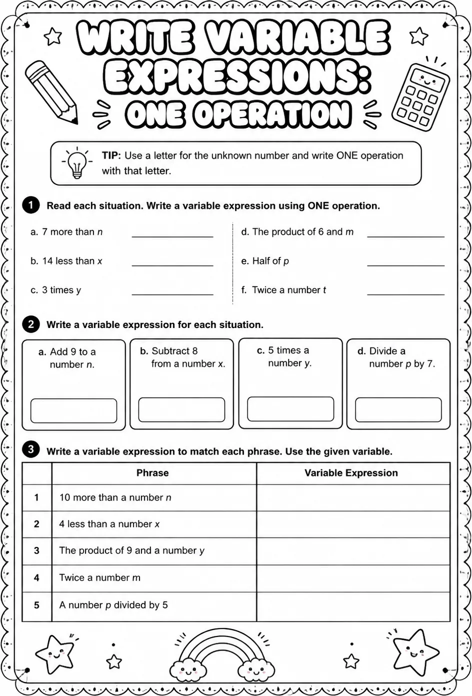 Write variable expressions: one operation — free printable Grade 6 math worksheet