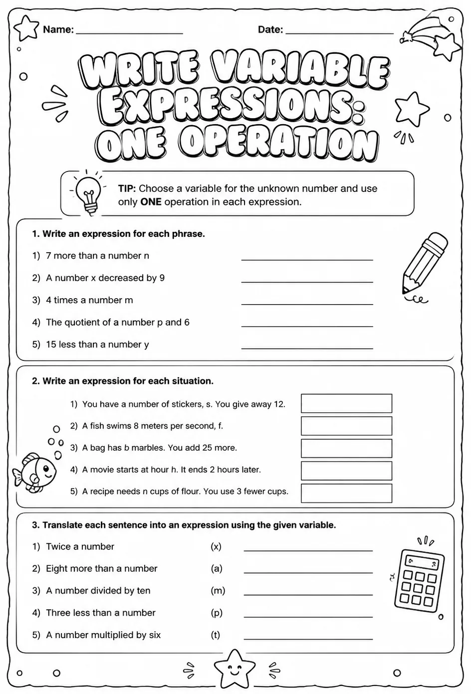 Write variable expressions: one operation — free printable Grade 7 math worksheet