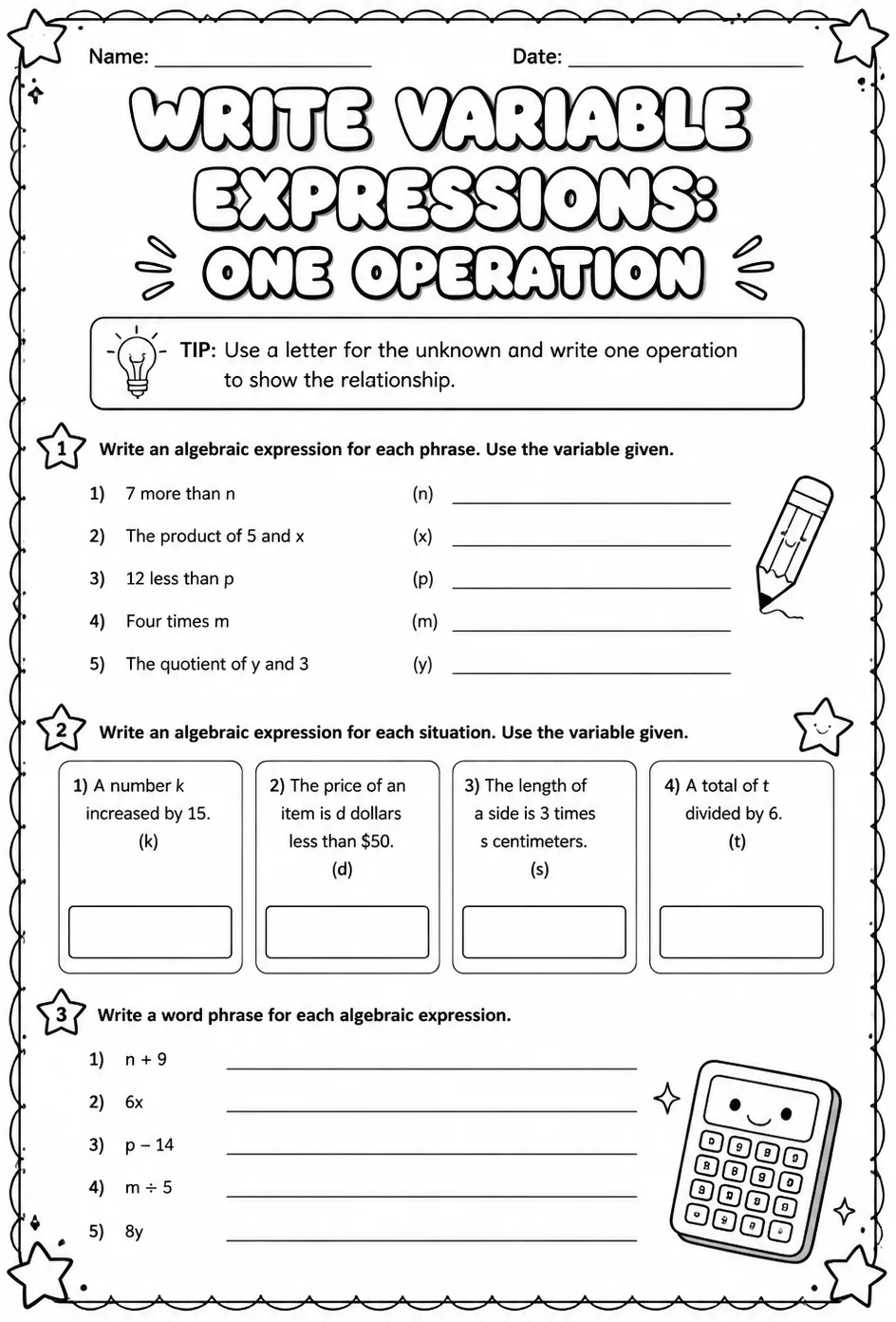 Write variable expressions: one operation — free printable Grade 8 math worksheet