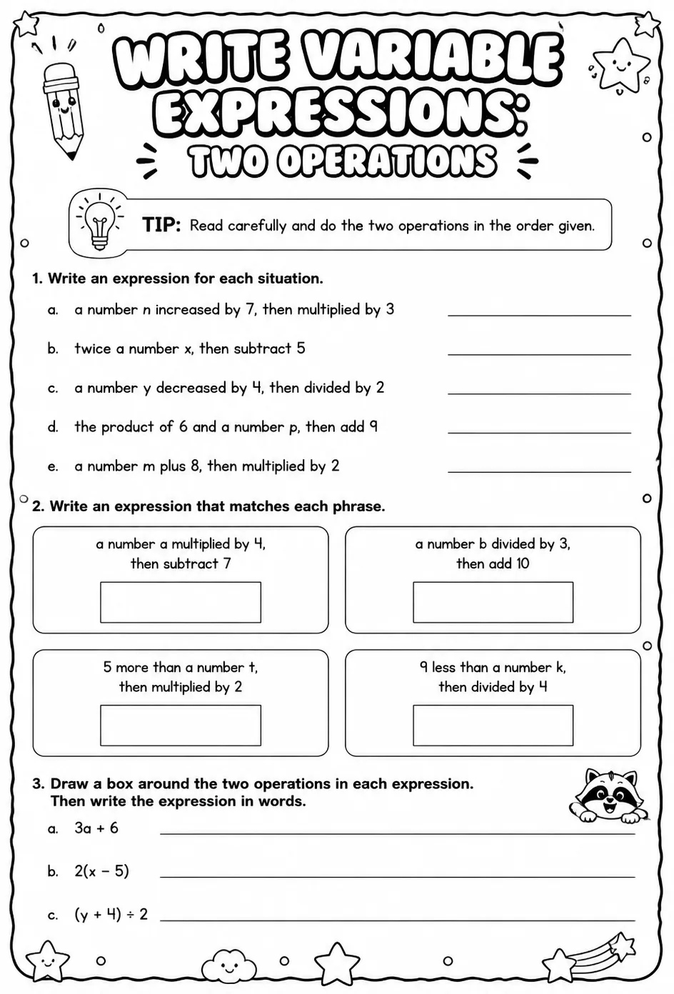 Write variable expressions: two operations — free printable Grade 6 math worksheet