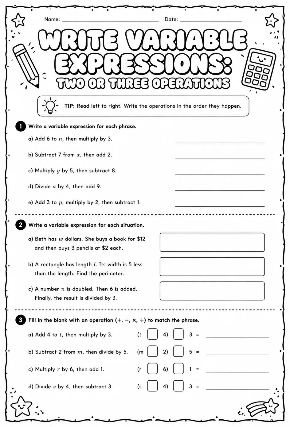 Write variable expressions: two or three operations — free printable Grade 7 math worksheet