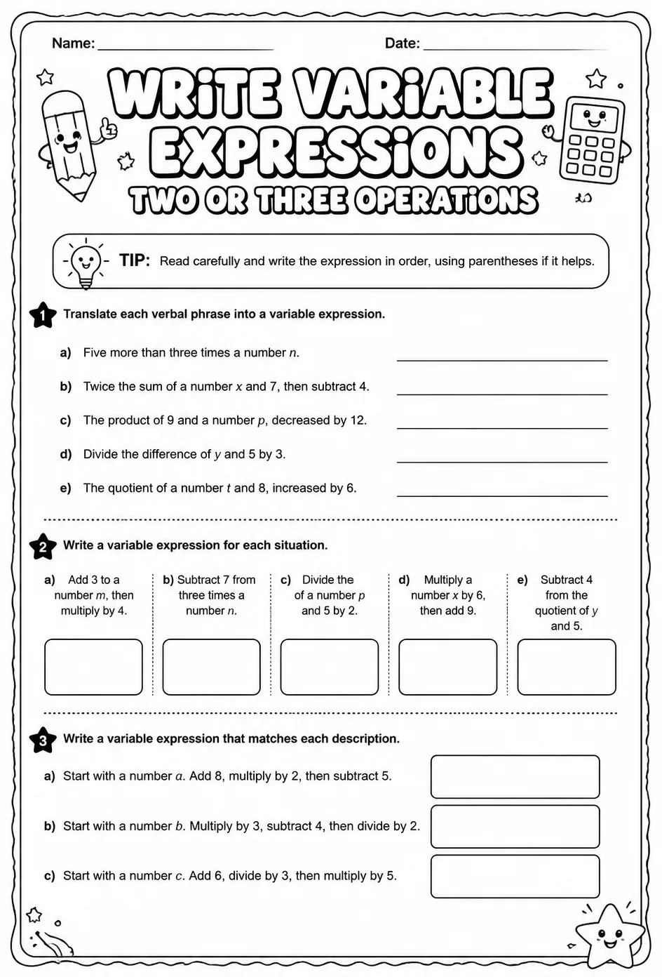 Write variable expressions: two or three operations — free printable Grade 8 math worksheet