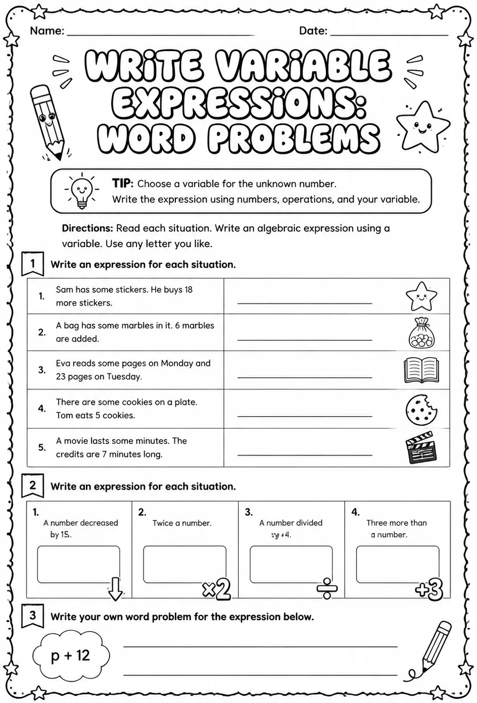 Write variable expressions: word problems — free printable Grade 5 math worksheet