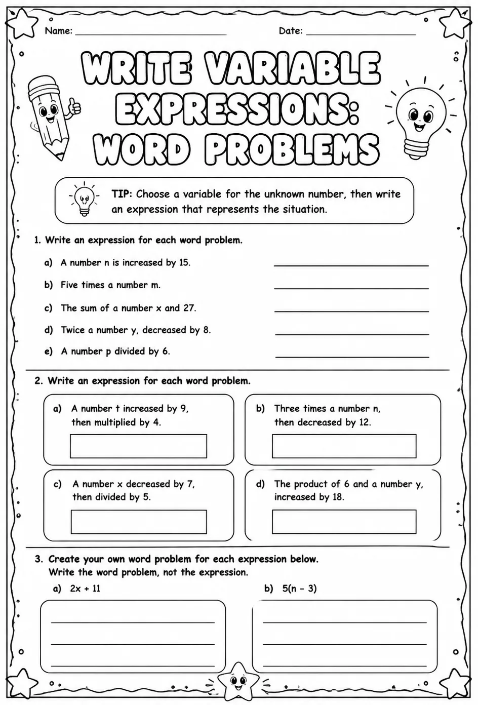 Write variable expressions: word problems — free printable Grade 6 math worksheet