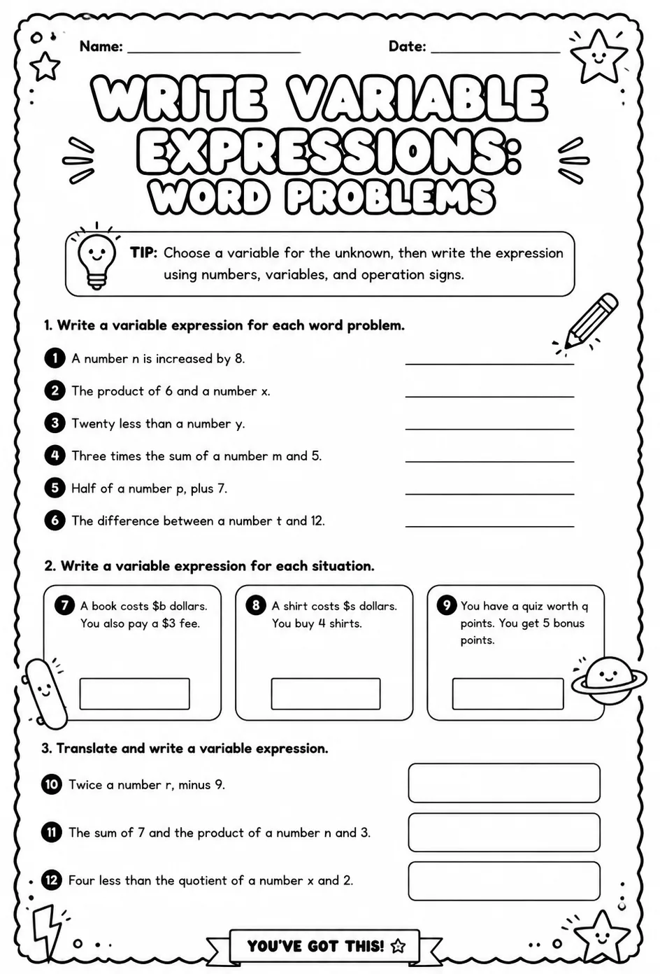 Write variable expressions: word problems