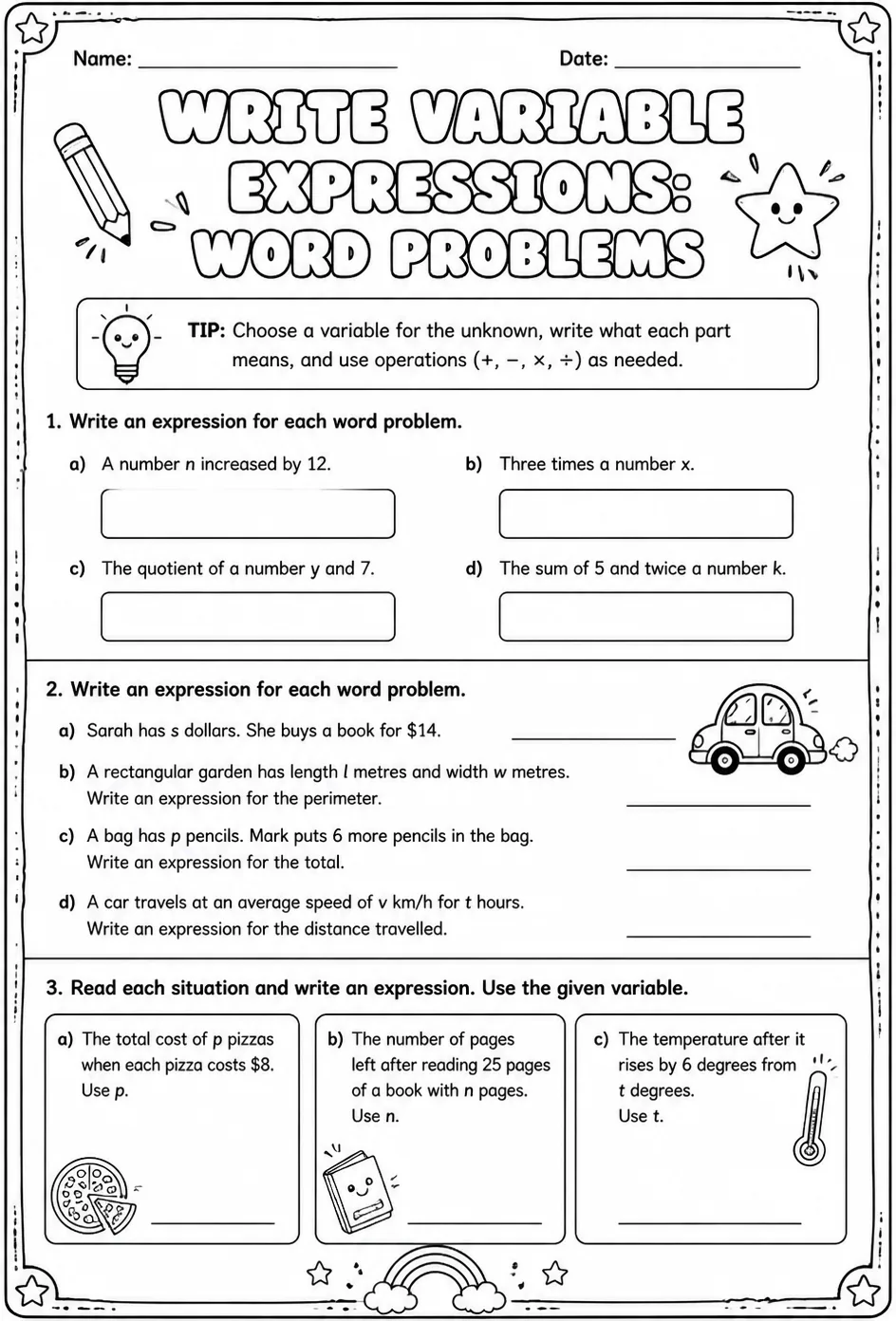 Write variable expressions: word problems — free printable Grade 8 math worksheet
