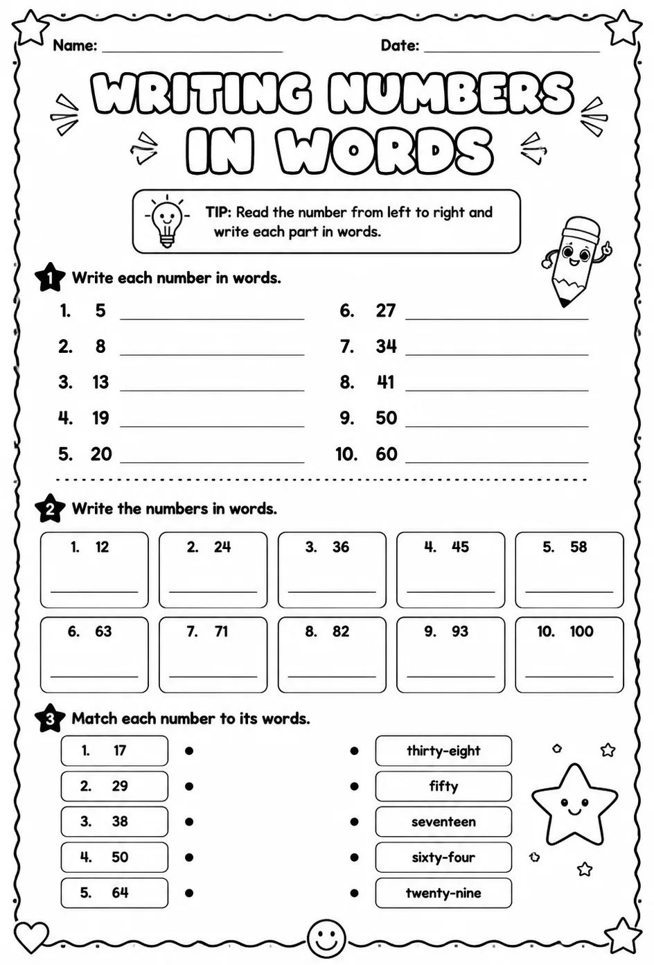Writing numbers in words - convert digits to words — free printable Grade 1 math worksheet