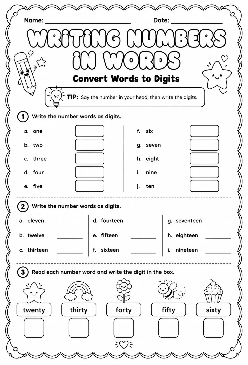 Writing numbers in words - convert words to digits — free printable Grade 1 math worksheet