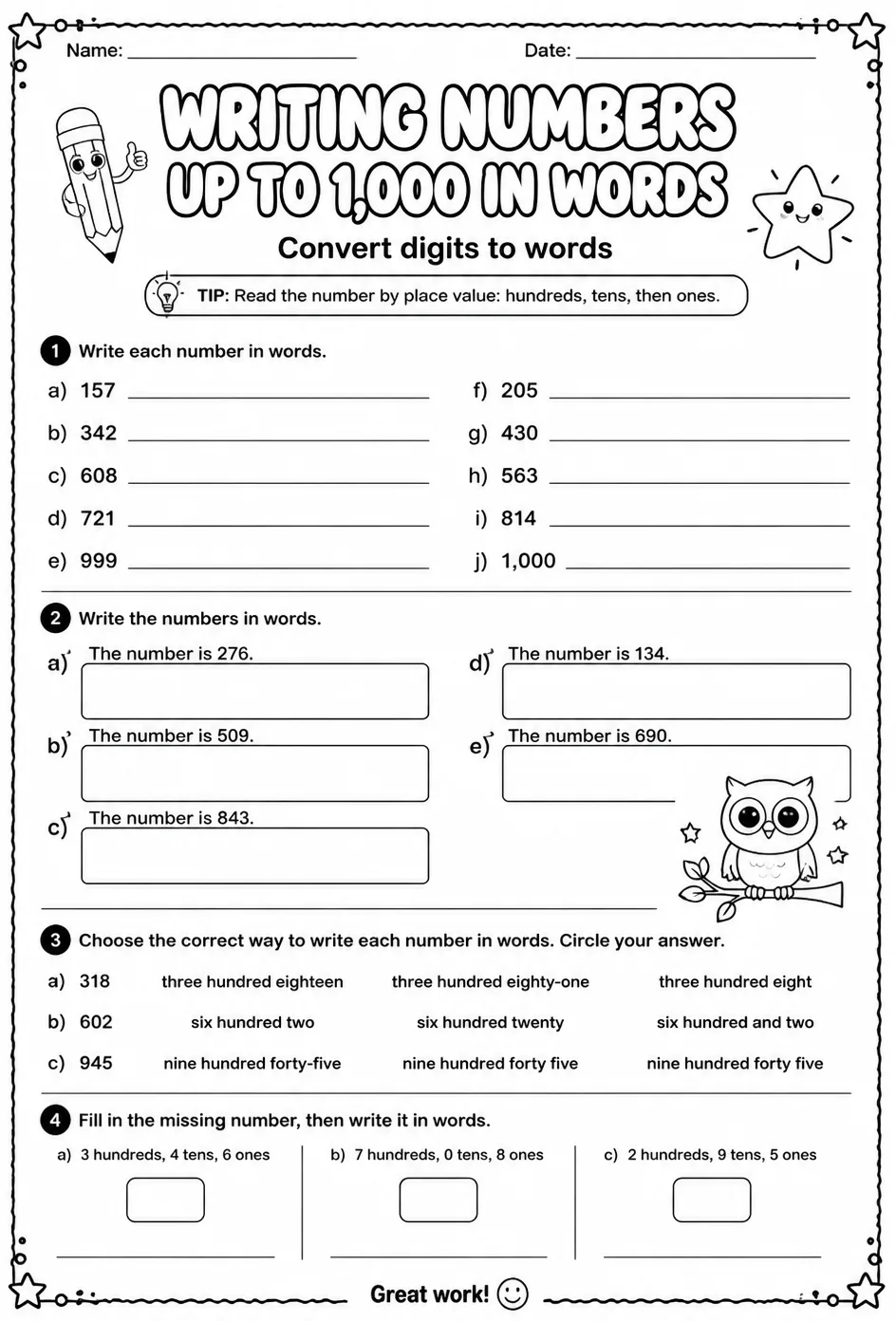 Writing numbers up to 1,000 in words - convert digits to words — free printable Grade 2 math worksheet