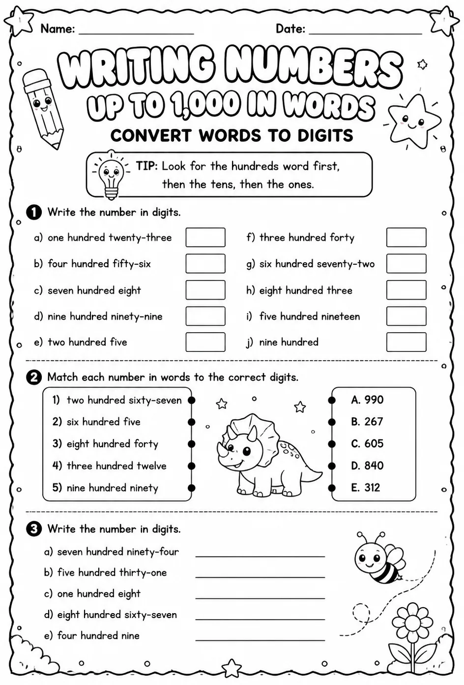 Writing numbers up to 1,000 in words - convert words to digits — free printable Grade 2 math worksheet
