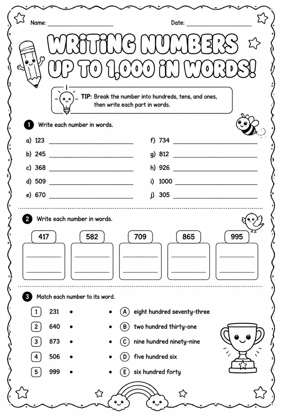 Writing numbers up to 1,000 in words — free printable Grade 2 math worksheet