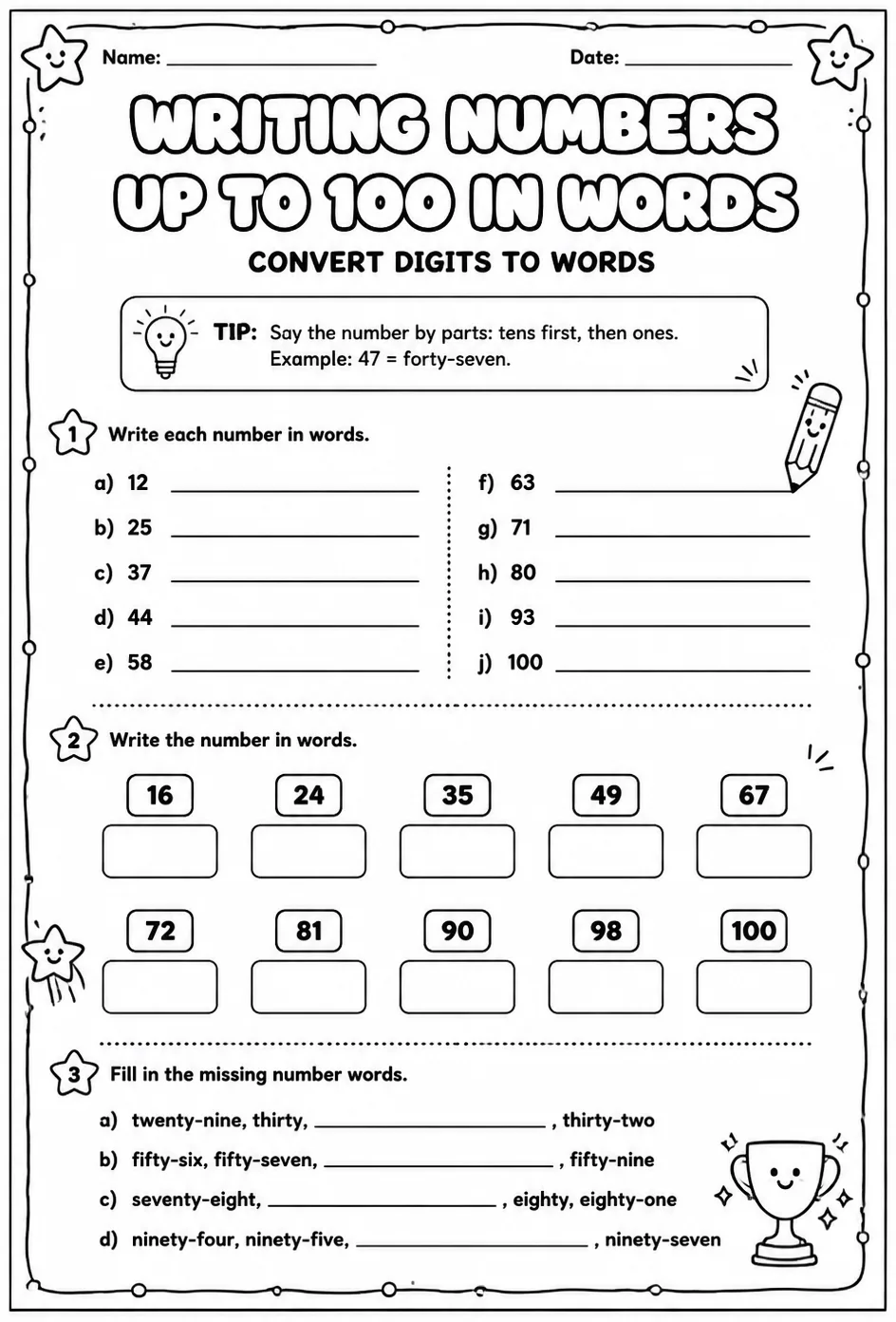 Writing numbers up to 100 in words - convert digits to words — free printable Grade 2 math worksheet