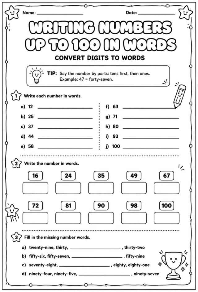 Writing numbers up to 100 in words - convert digits to words