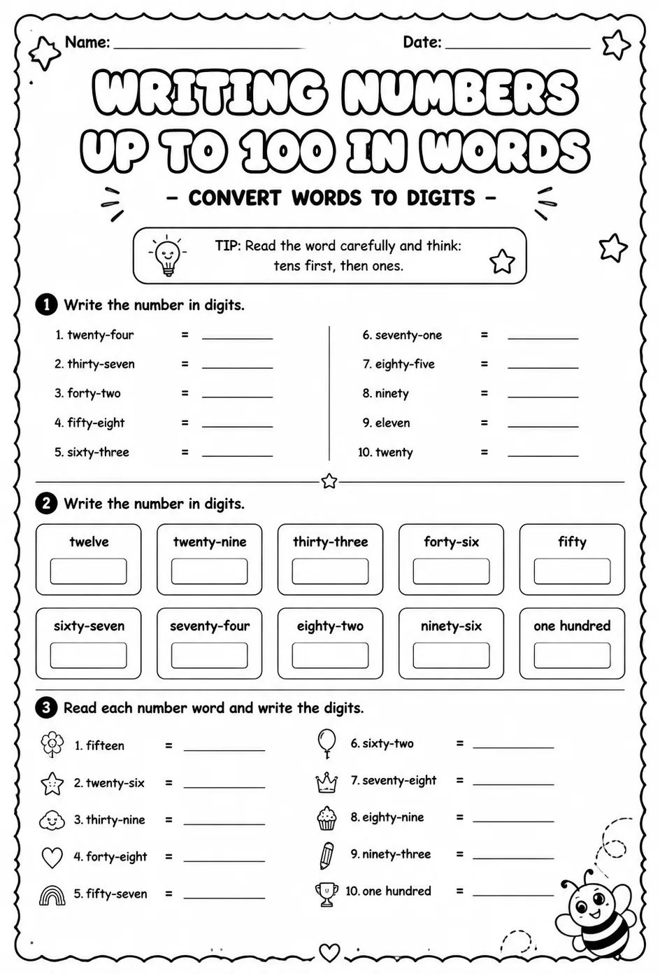 Writing numbers up to 100 in words - convert words to digits — free printable Grade 2 math worksheet