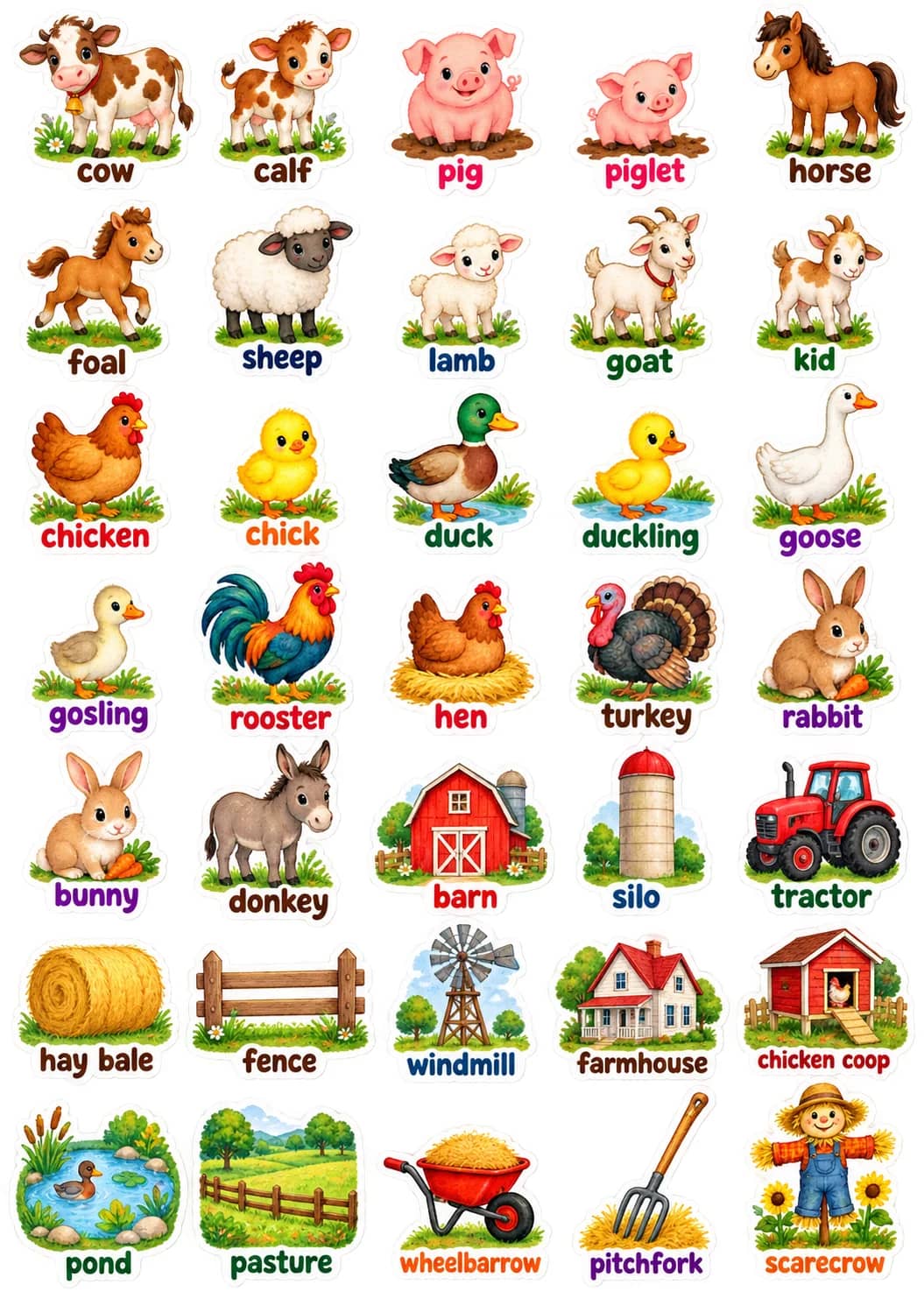Farm Animals And Structures English Vocabulary Stickers printable vocabulary stickers preview