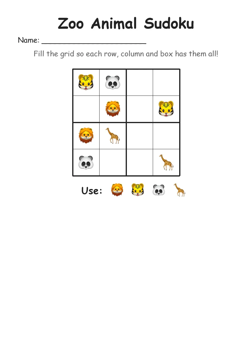 Zoo Animal Sudoku 4x4 (Kindergarten)