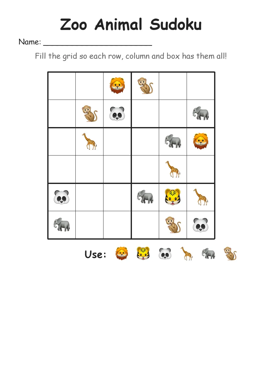 Zoo Animal Sudoku 6x6 (Grade 2) worksheet for Grade 2