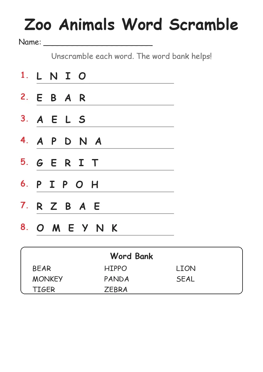 Zoo Animals word scramble worksheet for Grade 1