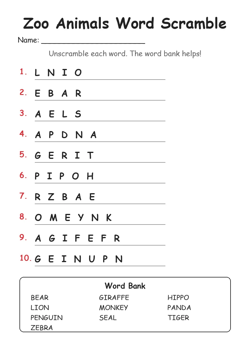 Zoo Animals word scramble worksheet for Grade 2