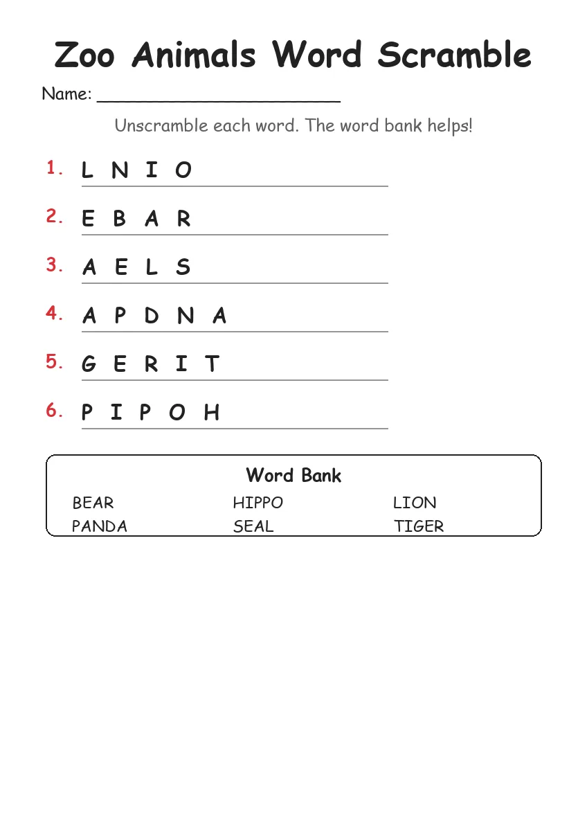 Zoo Animals word scramble worksheet for Kindergarten