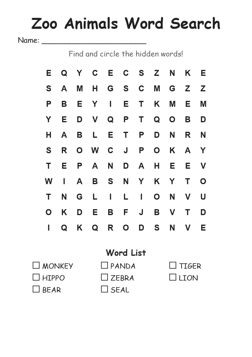 Zoo Animals word search worksheet for Grade 1