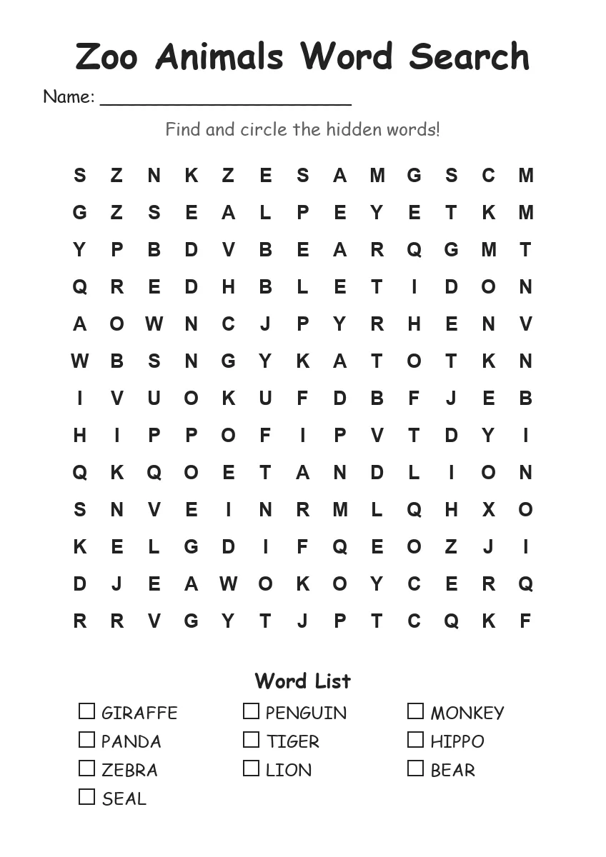 Zoo Animals word search worksheet for Grade 2