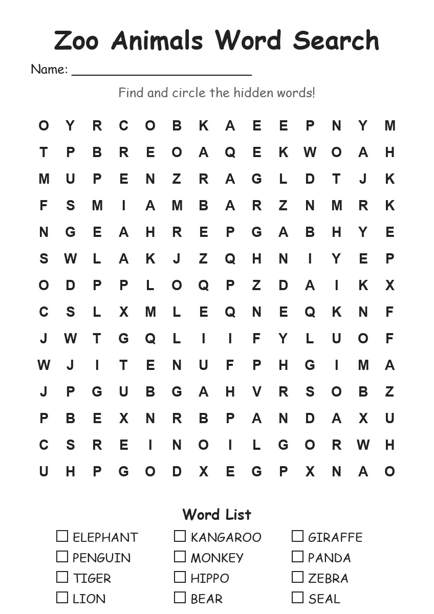 Zoo Animals word search worksheet for Grade 3