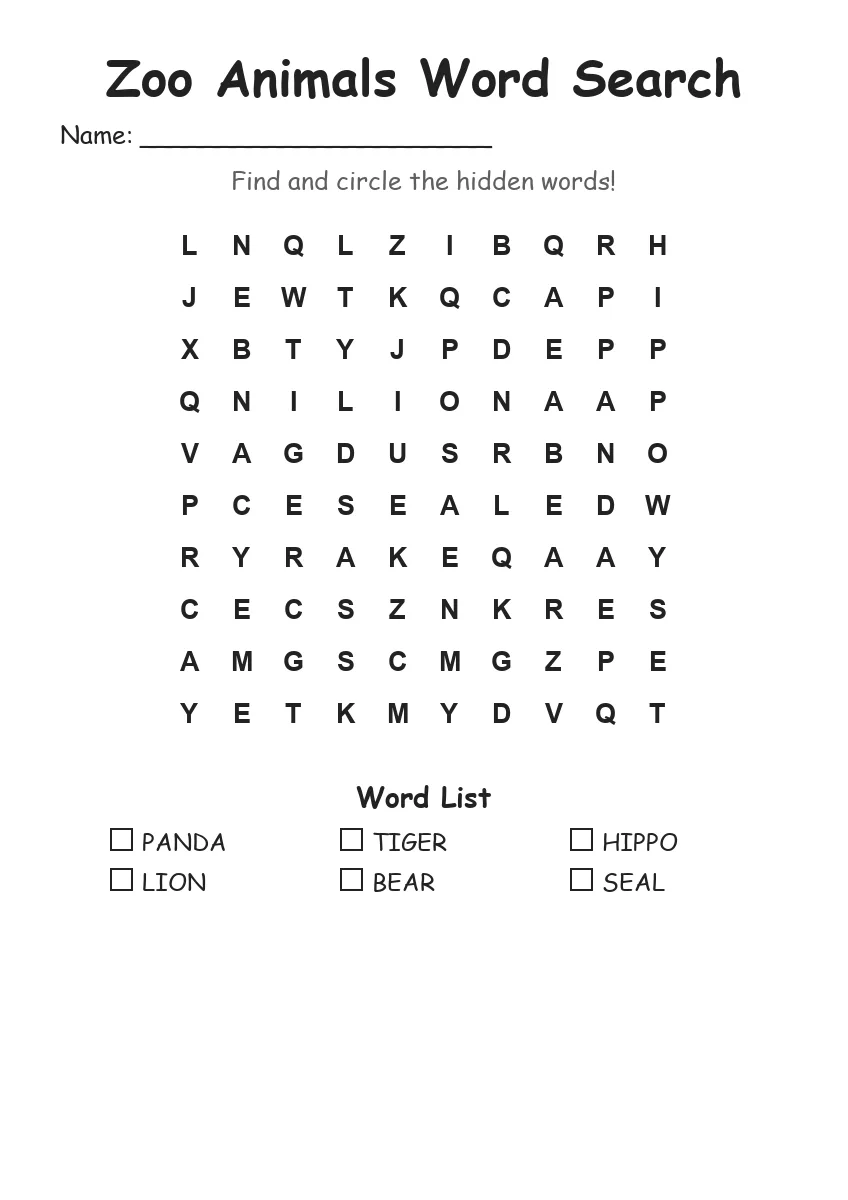 Zoo Animals word search worksheet for Kindergarten