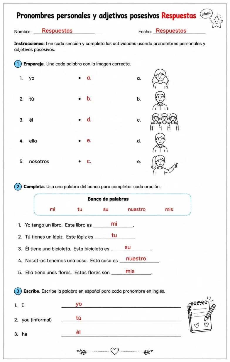 Answer key for Producir palabras, frases o oraciones en español relacionadas con pronombres sujetos. — free printable Spanish worksheet