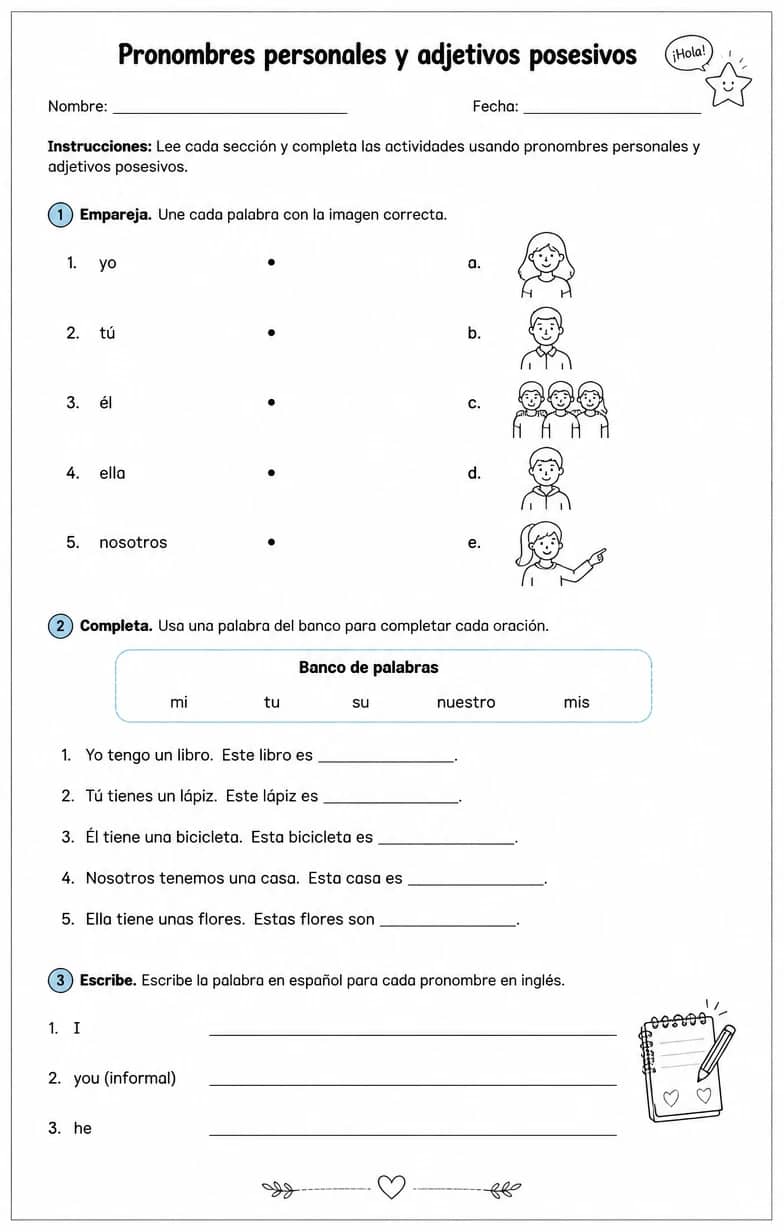 Producir palabras, frases o oraciones en español relacionadas con pronombres sujetos. — free printable Middle School Spanish worksheet