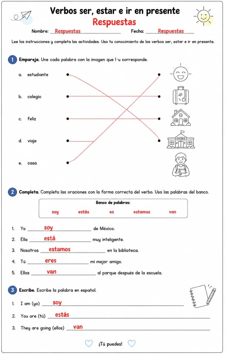 Answer key for Producir palabras, frases o oraciones en español relacionadas con ser. — free printable Spanish worksheet
