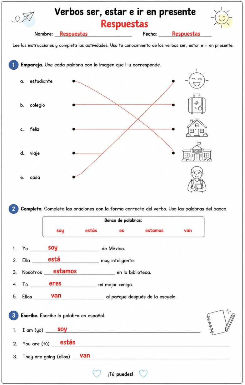 Answer key for Producir palabras, frases o oraciones en español relacionadas con ser. — free printable Spanish worksheet