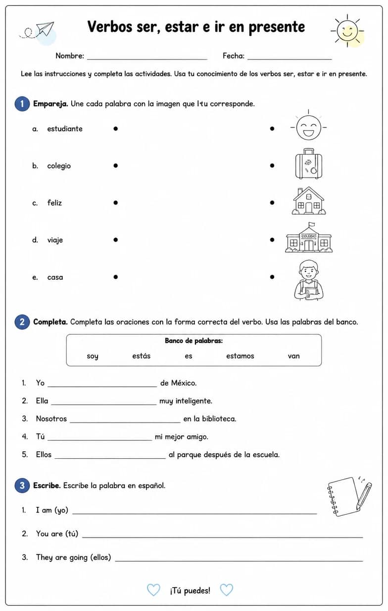 Producir palabras, frases o oraciones en español relacionadas con ser. — free printable Middle School Spanish worksheet