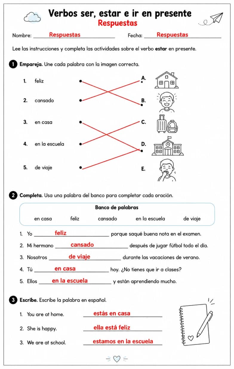 Answer key for Producir palabras, frases o oraciones en español relacionadas con estar. — free printable Spanish worksheet