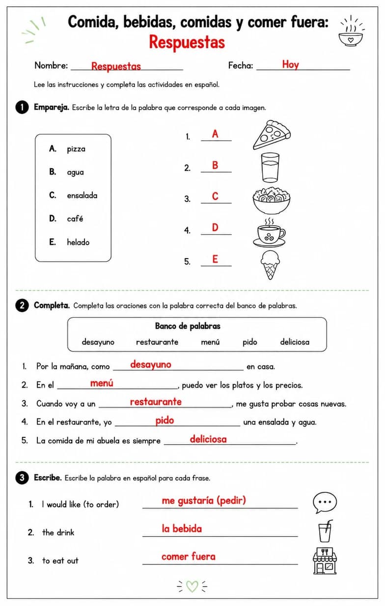 Answer key for Producir palabras, frases o oraciones en español relacionadas con comidas. — free printable Spanish worksheet