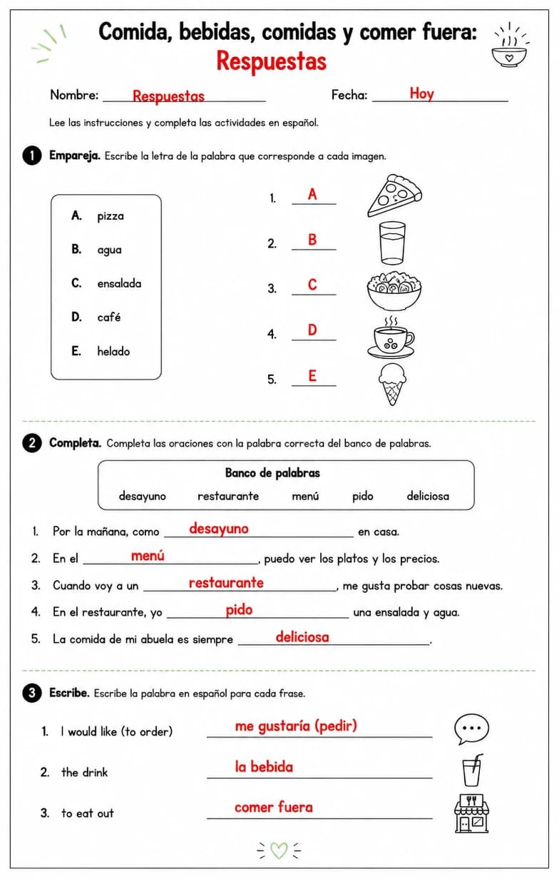 Answer key for Producir palabras, frases o oraciones en español relacionadas con comidas. — free printable Spanish worksheet