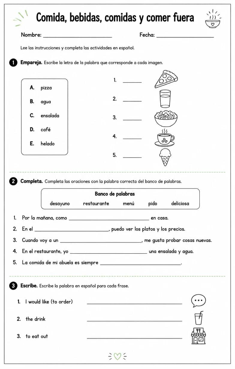 Producir palabras, frases o oraciones en español relacionadas con comidas. — free printable Middle School Spanish worksheet