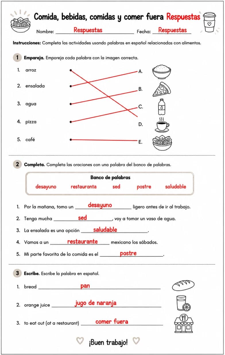 Answer key for Producir palabras, frases o oraciones en español relacionadas con alimentos. — free printable Spanish worksheet