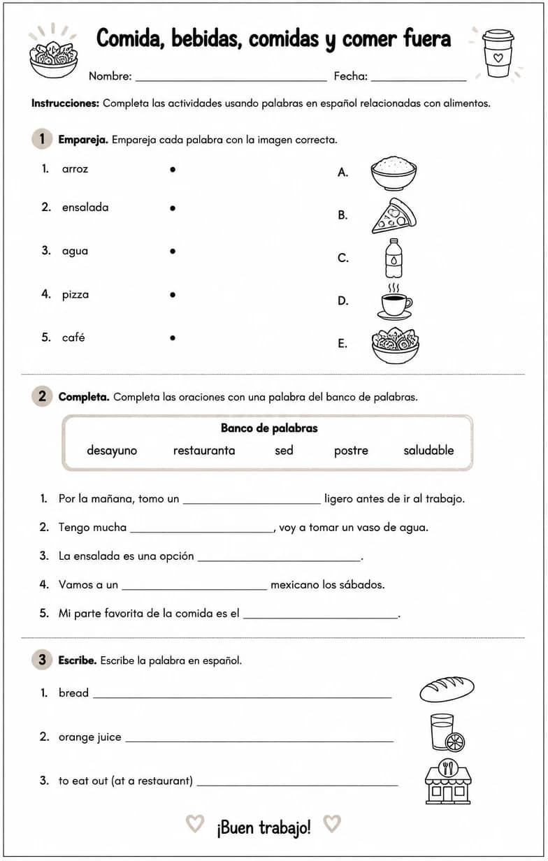 Producir palabras, frases o oraciones en español relacionadas con alimentos. — free printable Middle School Spanish worksheet