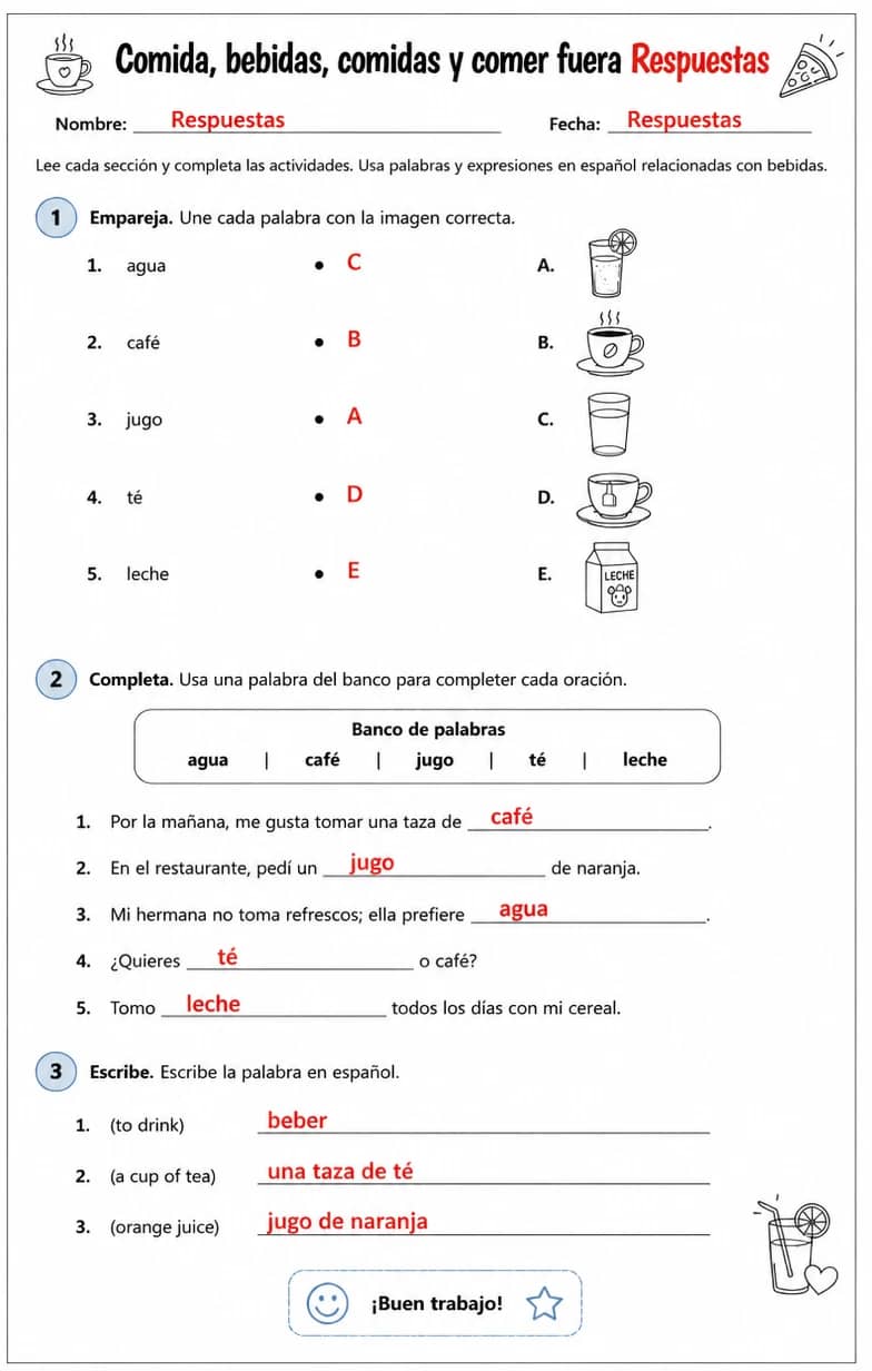 Answer key for Producir palabras, frases o oraciones en español relacionadas con bebidas. — free printable Spanish worksheet