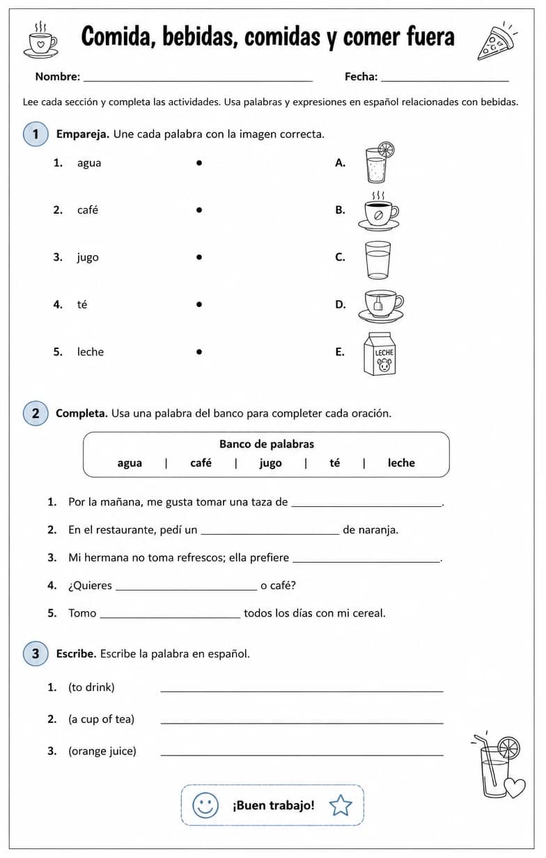 Producir palabras, frases o oraciones en español relacionadas con bebidas. — free printable Middle School Spanish worksheet