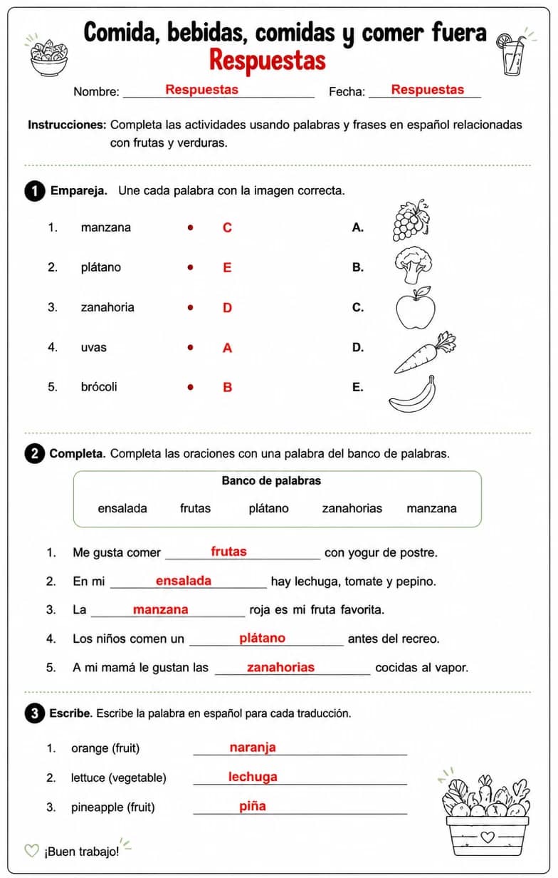 Answer key for Producir palabras, frases o oraciones en español relacionadas con frutas y verduras. — free printable Spanish worksheet