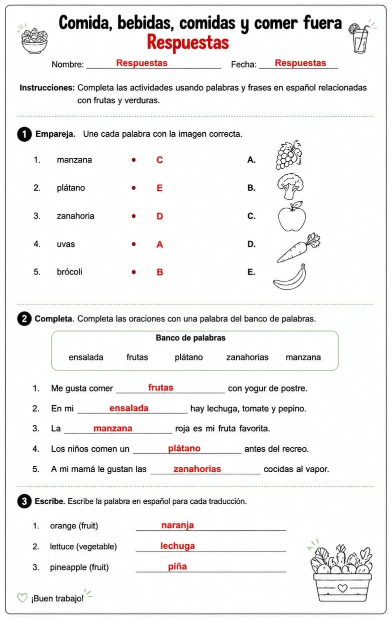 Answer key for Producir palabras, frases o oraciones en español relacionadas con frutas y verduras. — free printable Spanish worksheet