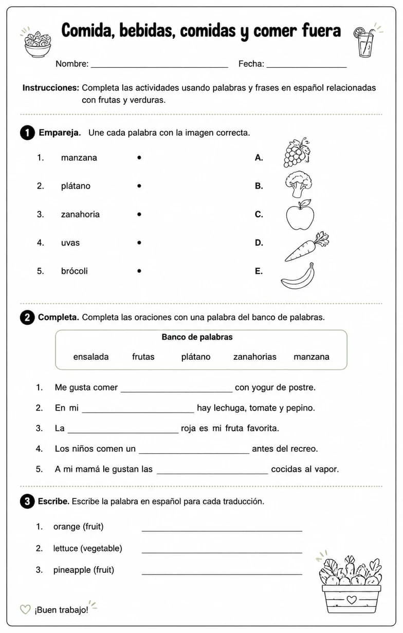 Producir palabras, frases o oraciones en español relacionadas con frutas y verduras. — free printable Middle School Spanish worksheet