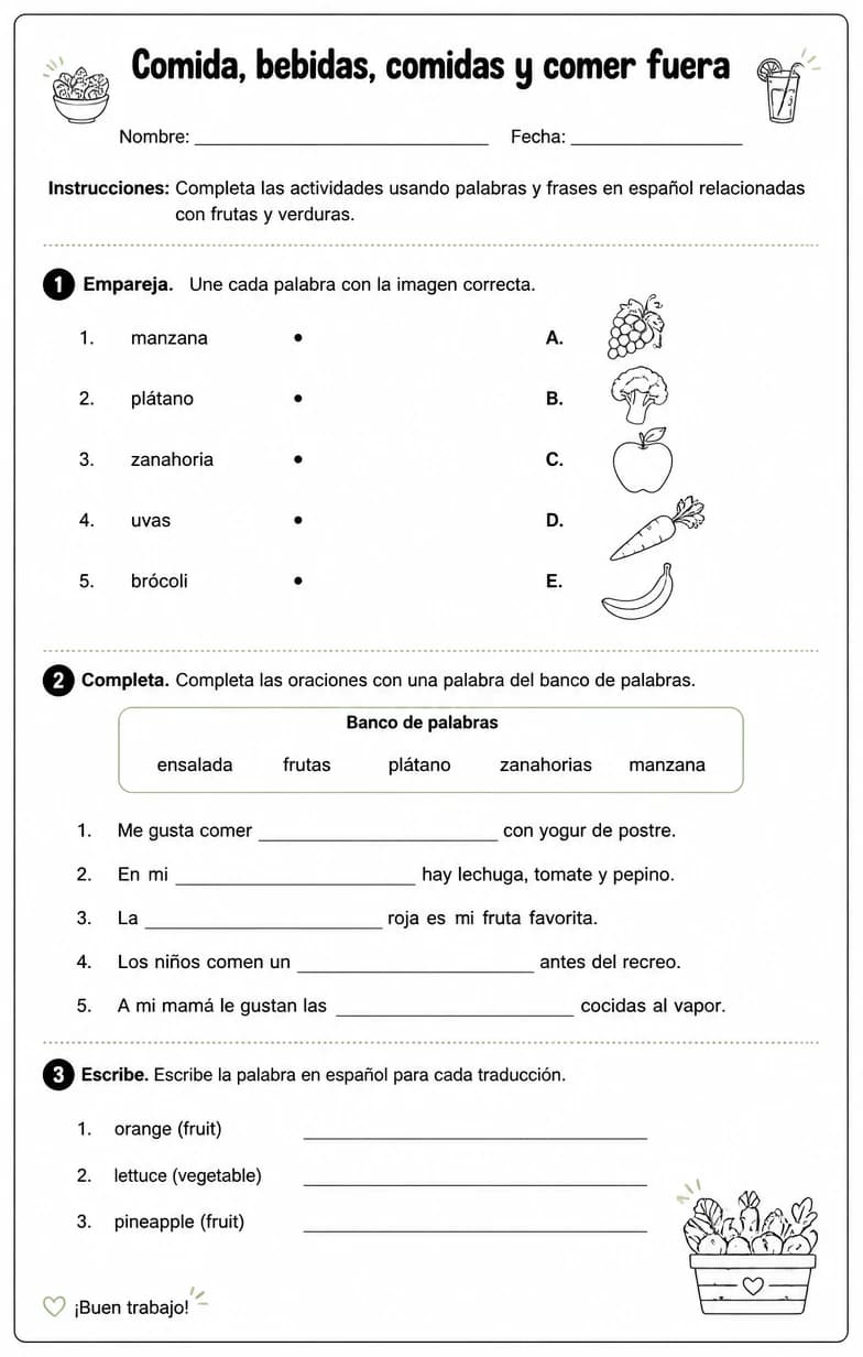 Producir palabras, frases o oraciones en español relacionadas con frutas y verduras.