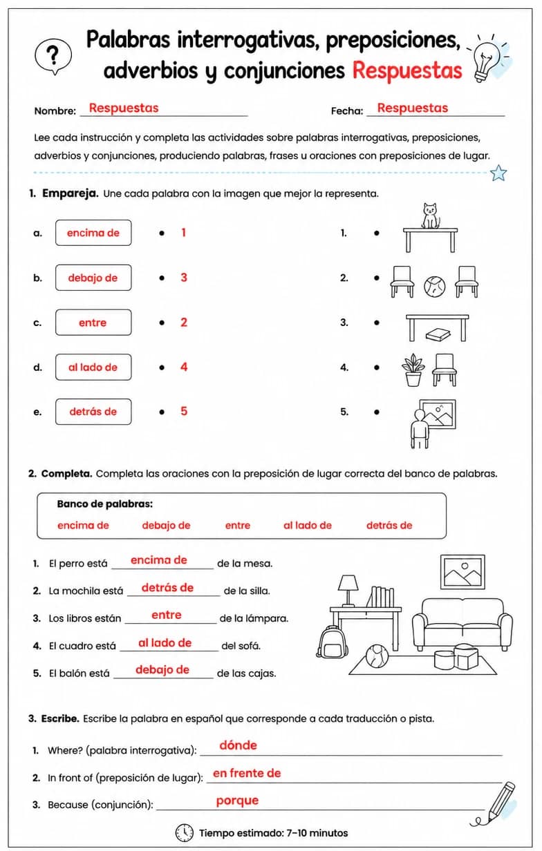 Answer key for Producir palabras, frases o oraciones en español relacionadas con preposiciones de lugar. — free printable Spanish worksheet